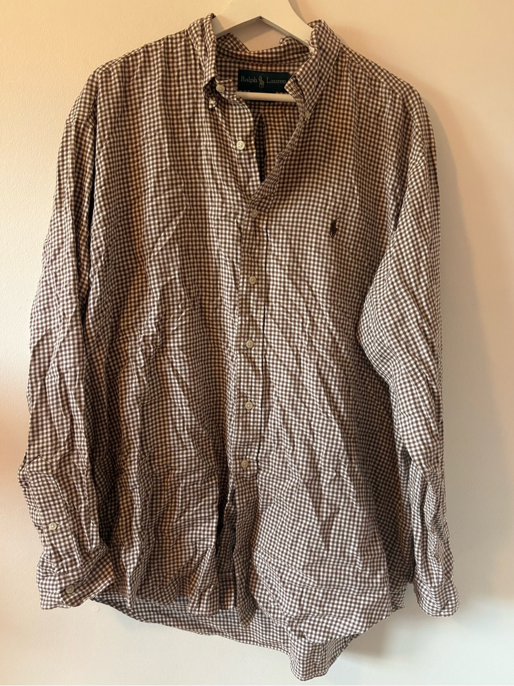 Polo Ralph Lauren Men Brown White Gingham Long Sleeve Button Down Shirt L